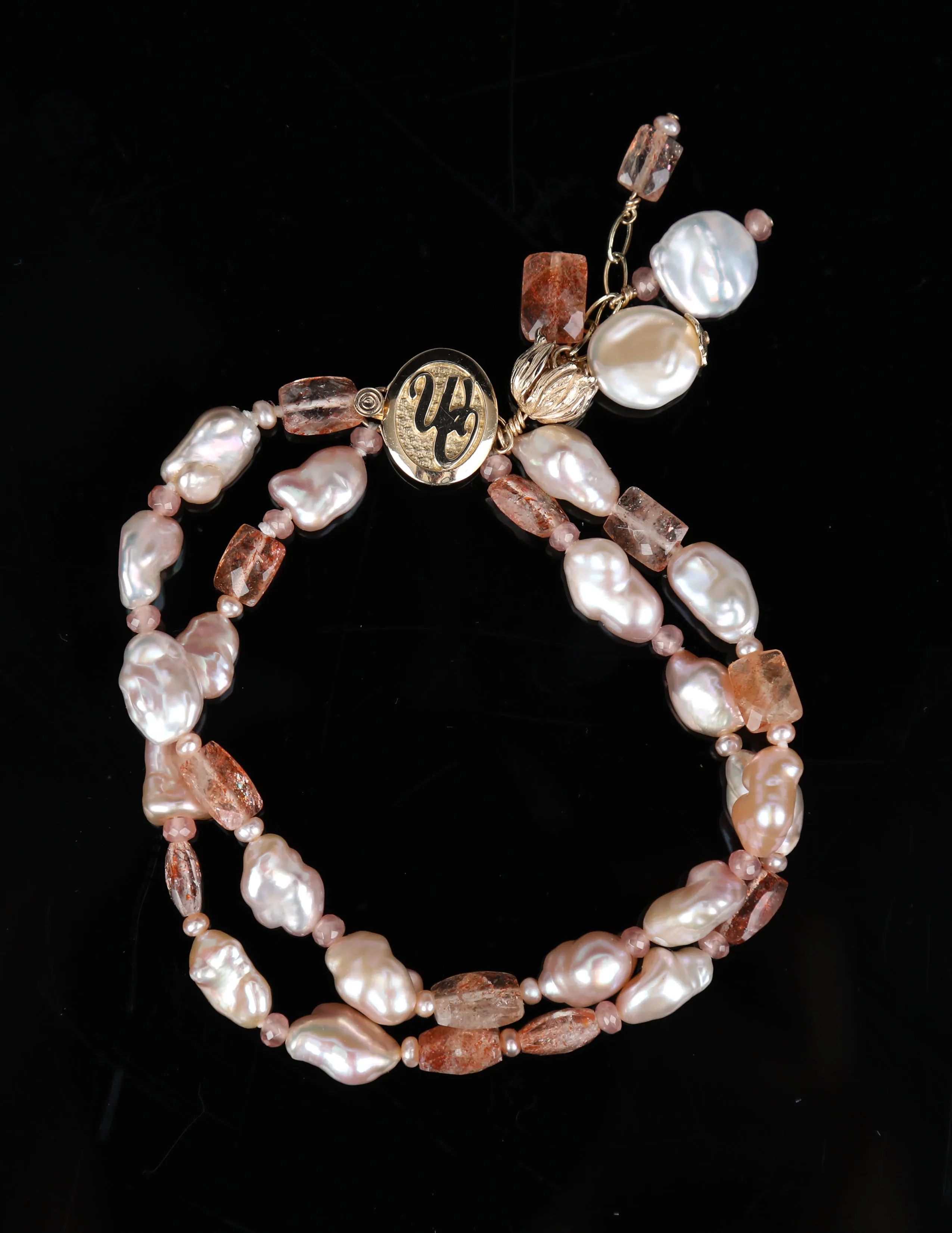 Pearl, Rhodochrosite, Sunstone, and Gold Bracelet