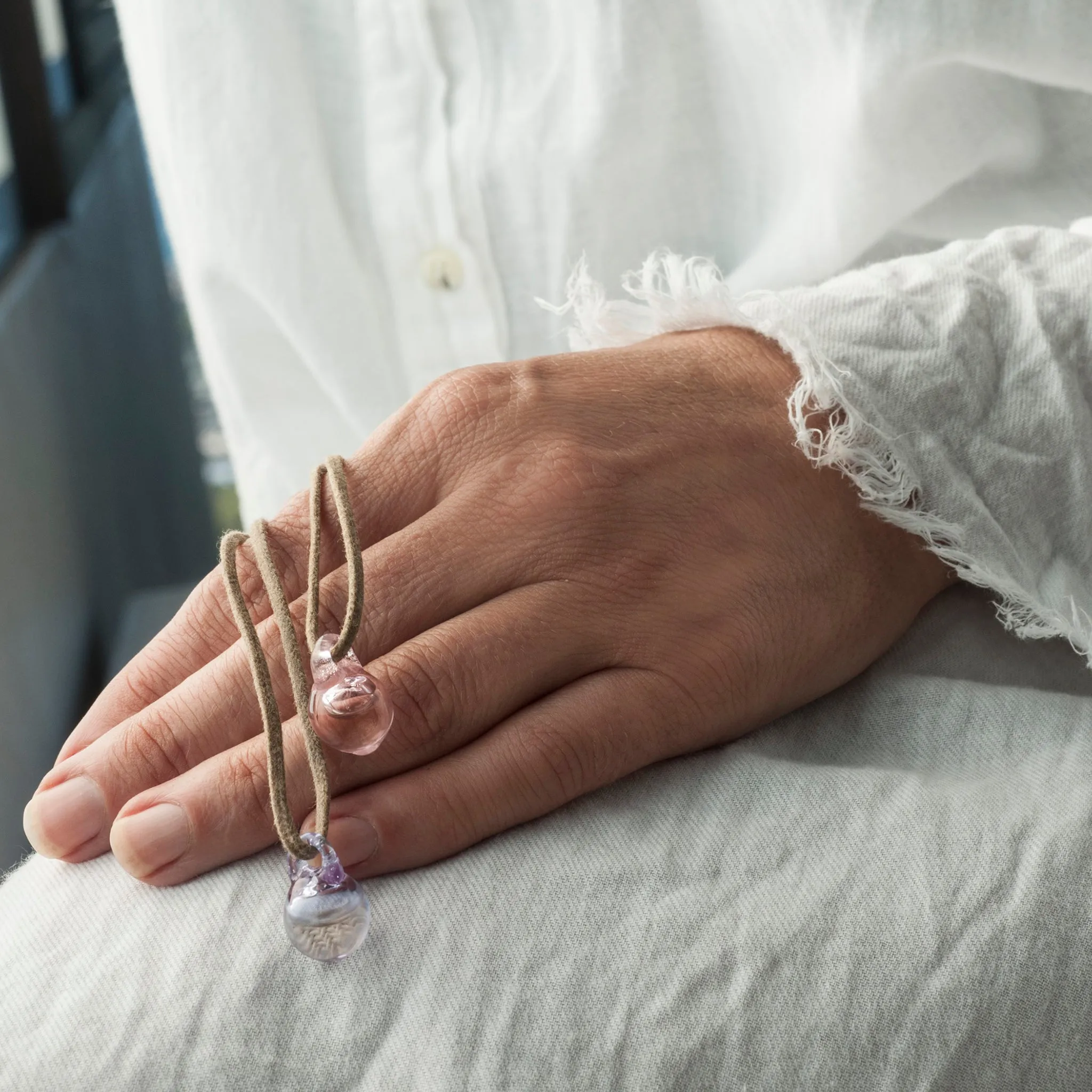 Petite E Pendant, pink glass