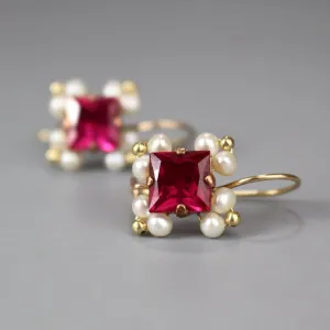 Pink Zircon Corundum Pearl Victoria Earrings