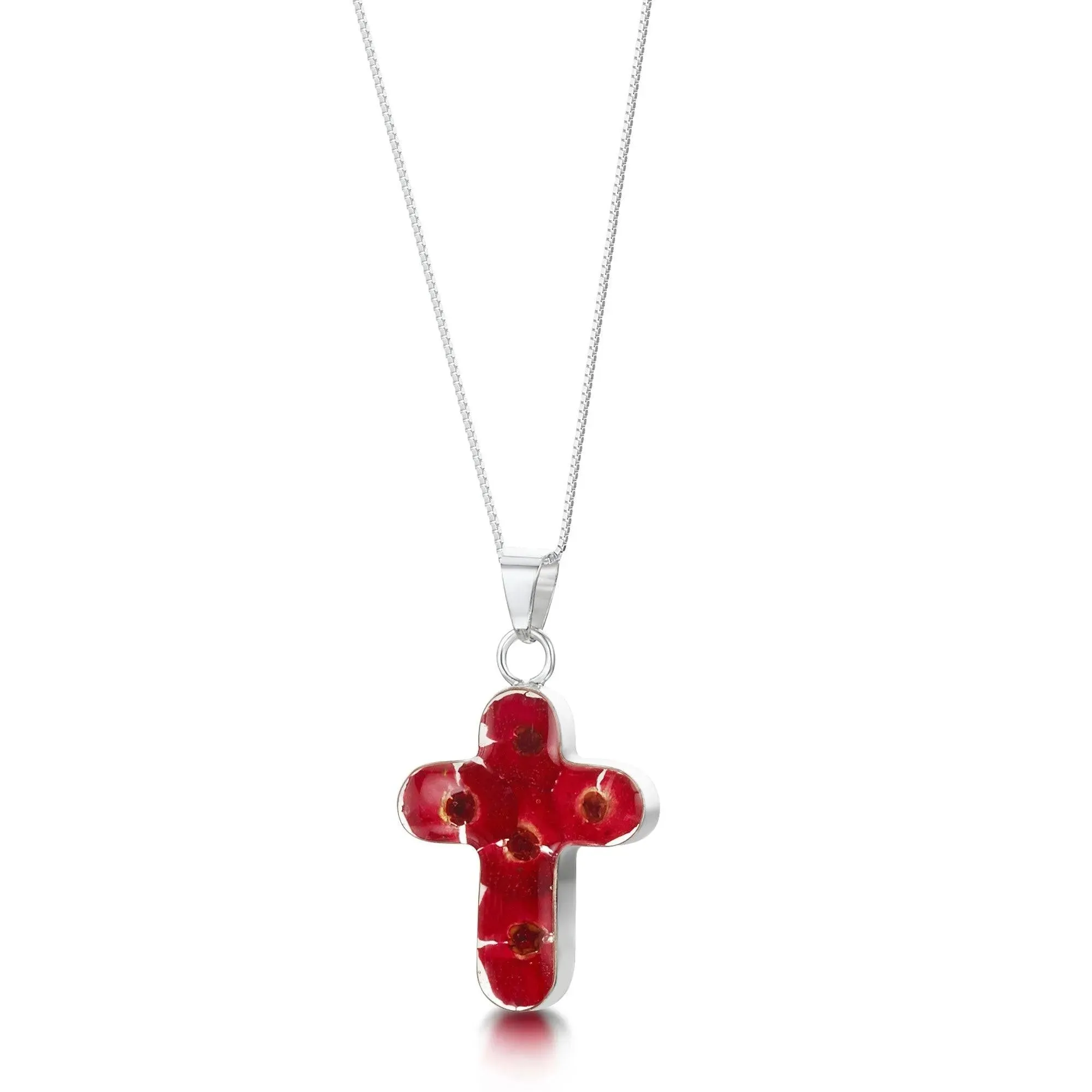 Poppy cross necklace by  Shrieking Violet® Sterling silver pendant handmade with real Euphorbia milii flowers. Perfect jewellery gift for Christmas.