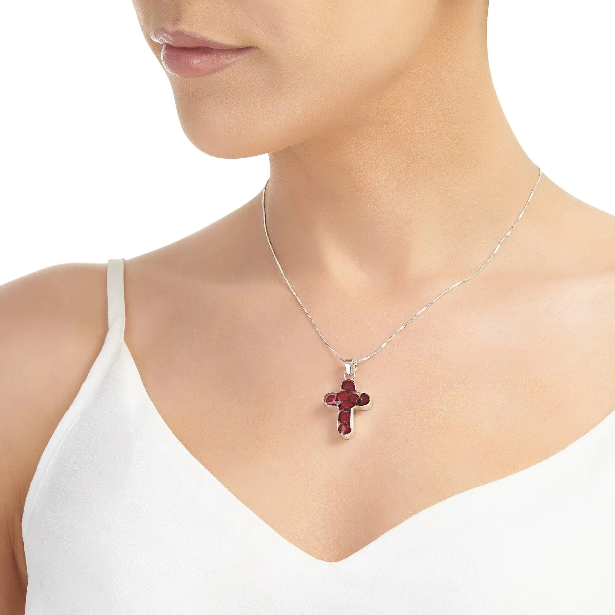 Poppy cross necklace by  Shrieking Violet® Sterling silver pendant handmade with real Euphorbia milii flowers. Perfect jewellery gift for Christmas.