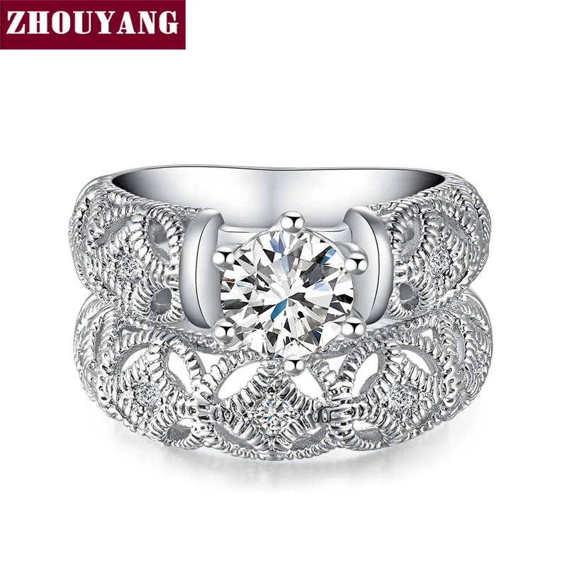 Princess Style Cubic Zirconia Hollow-out Silver Color Ring Sets Jewelry Engagement Wedding Party with Austrian Crystal ZYR563