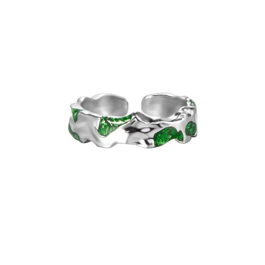 R36 Trendy Green Enamel Silver Band Ring