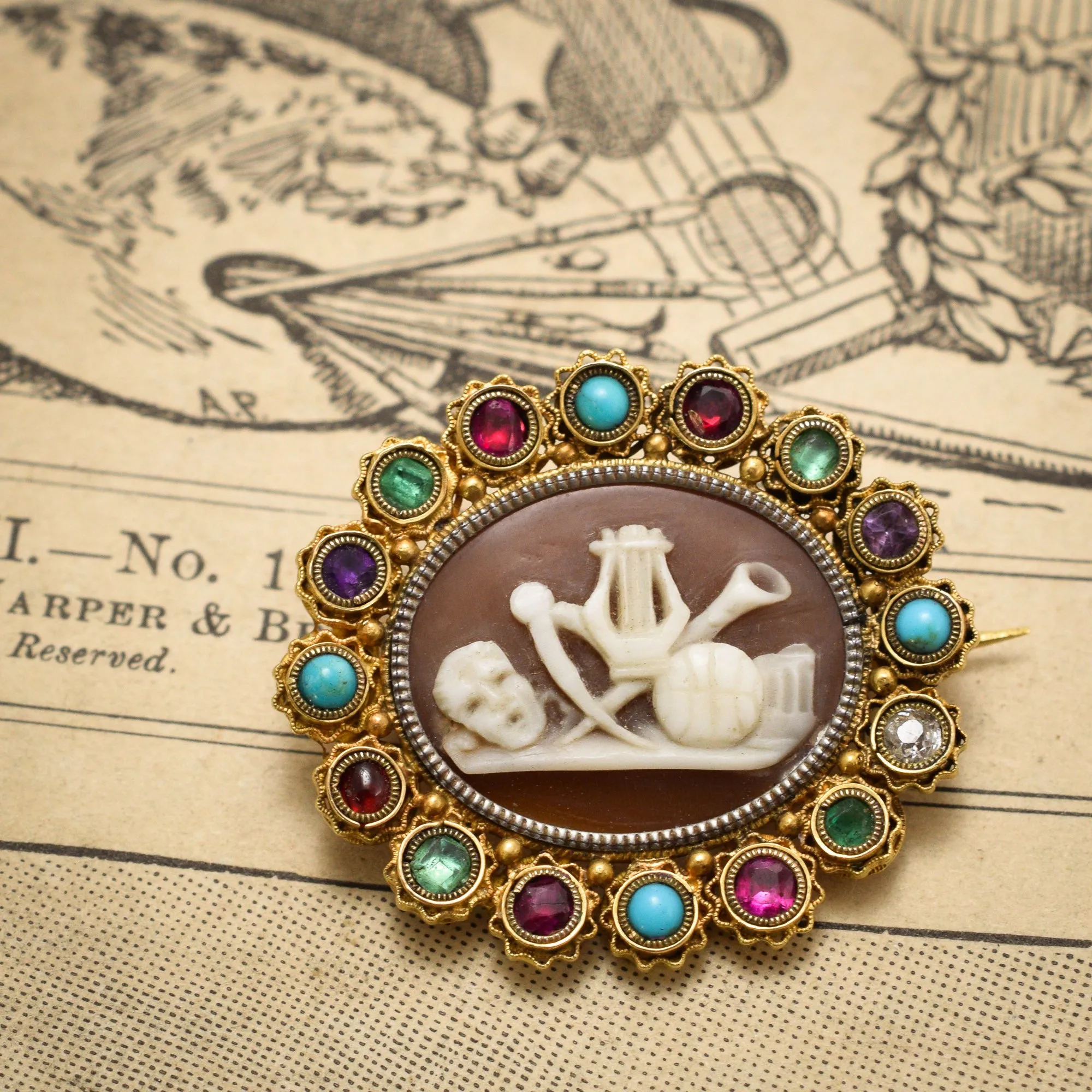 Regency Period Harlequin "Classical Muses" Cameo Brooch