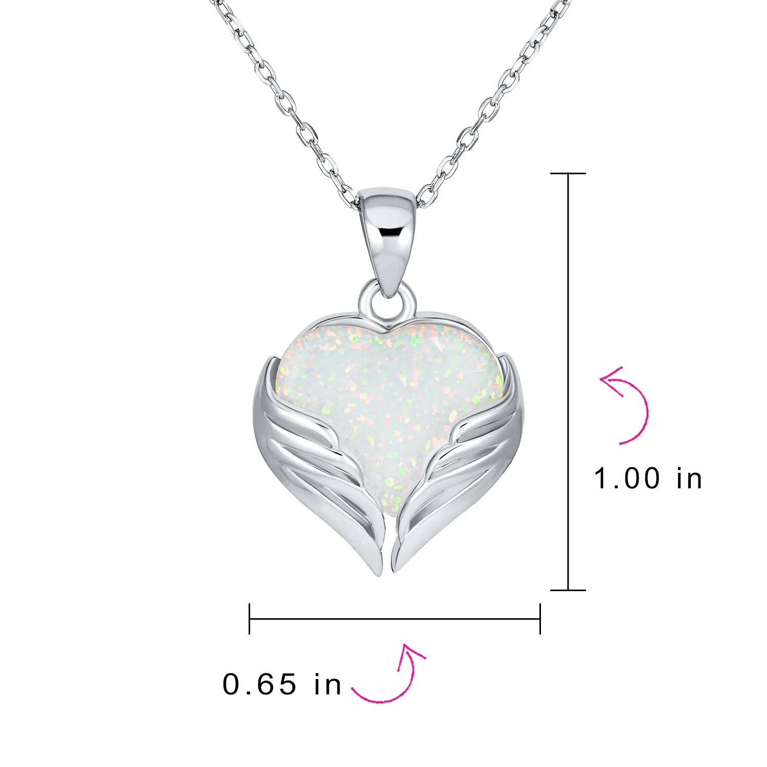 Romantic Love Gemstone White Opal Heart Angel Wing Pendant Necklace Silver