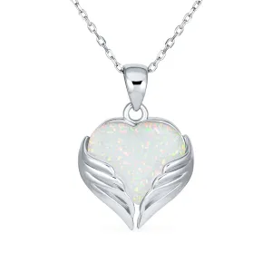 Romantic Love Gemstone White Opal Heart Angel Wing Pendant Necklace Silver