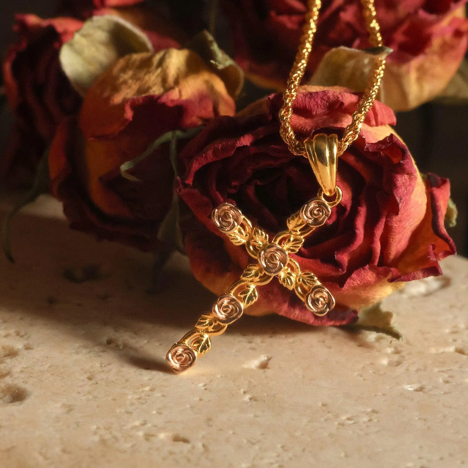 Rose-Kissed Cross Necklace