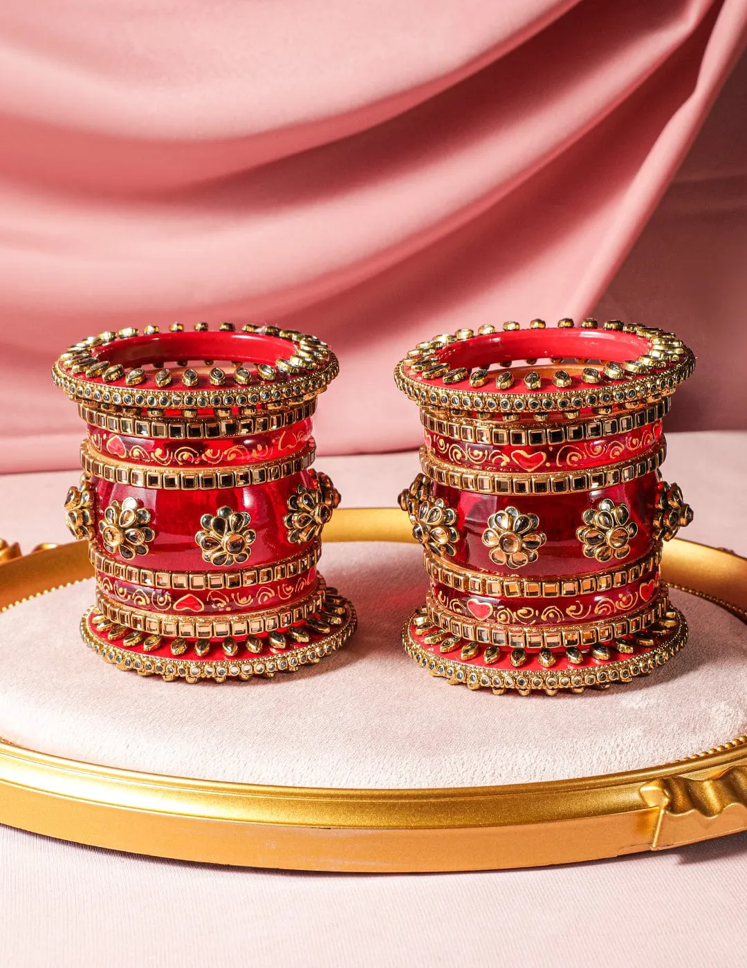 Rubans Set of 18 Gold-Plated Bridal Chura Bangles with Floral Motifs and Red Detailing