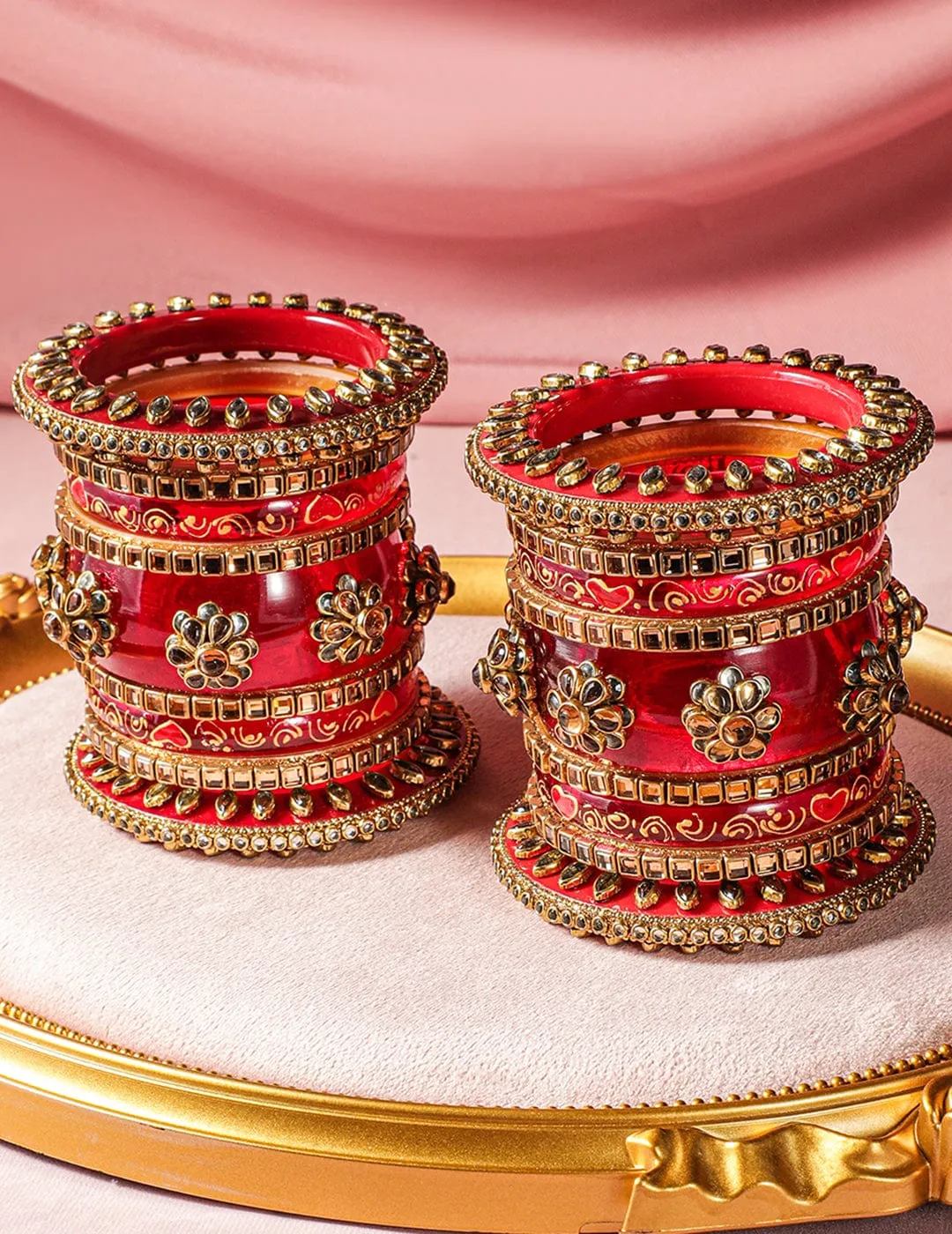 Rubans Set of 18 Gold-Plated Bridal Chura Bangles with Floral Motifs and Red Detailing