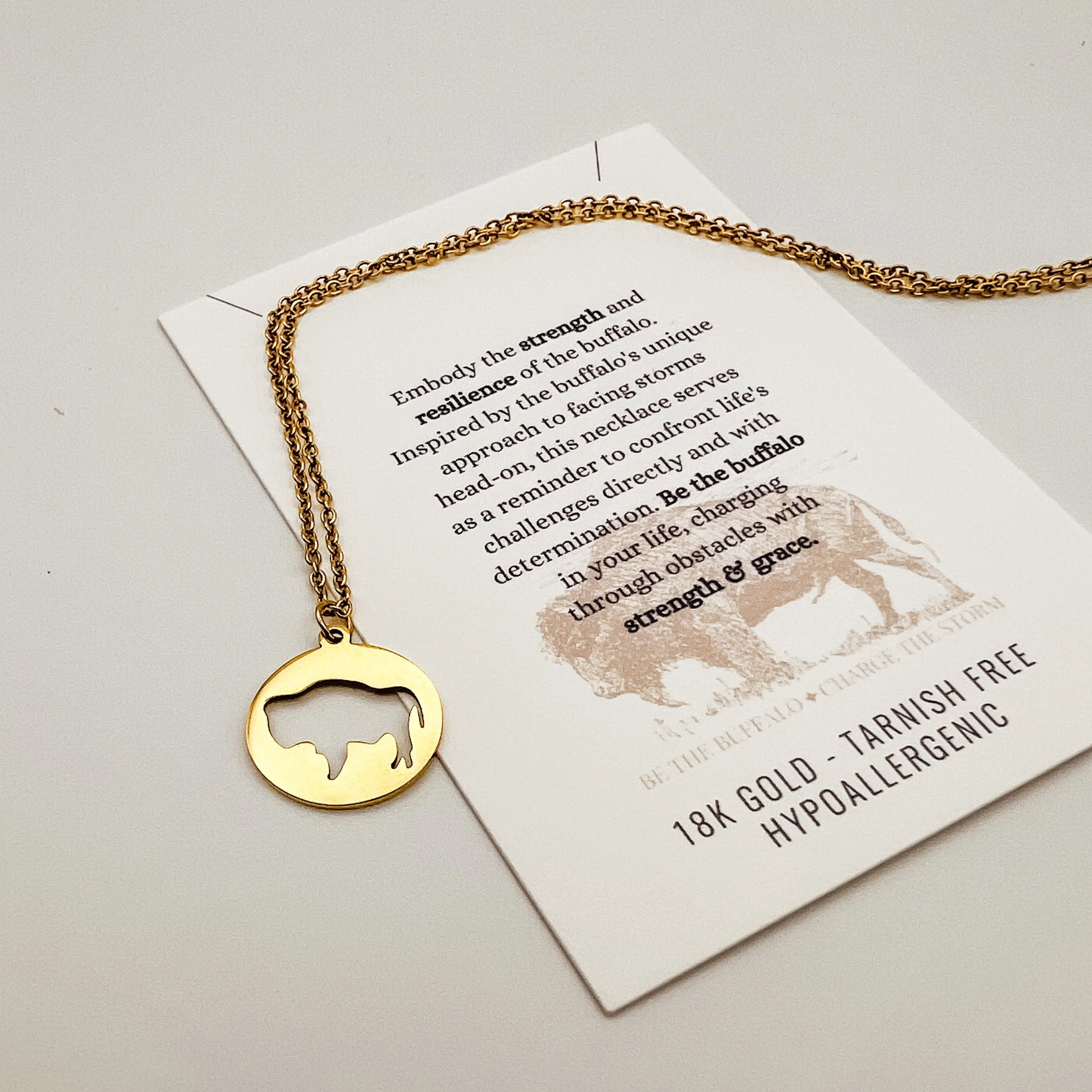 SALE- Meaningful Buffalo Pendant Necklace, 18K Gold, Tarnish Free