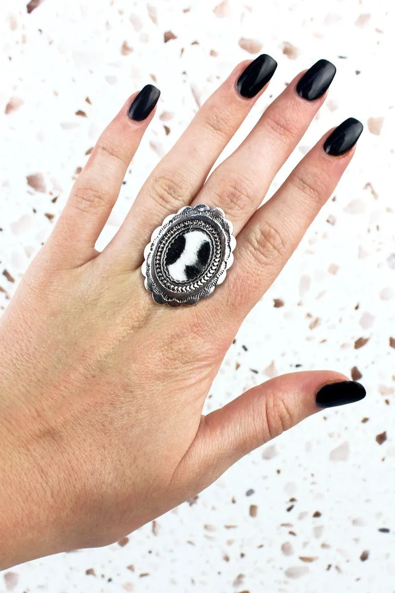 SALE! Prairie Grove Black and White Cow Silvertone Ring