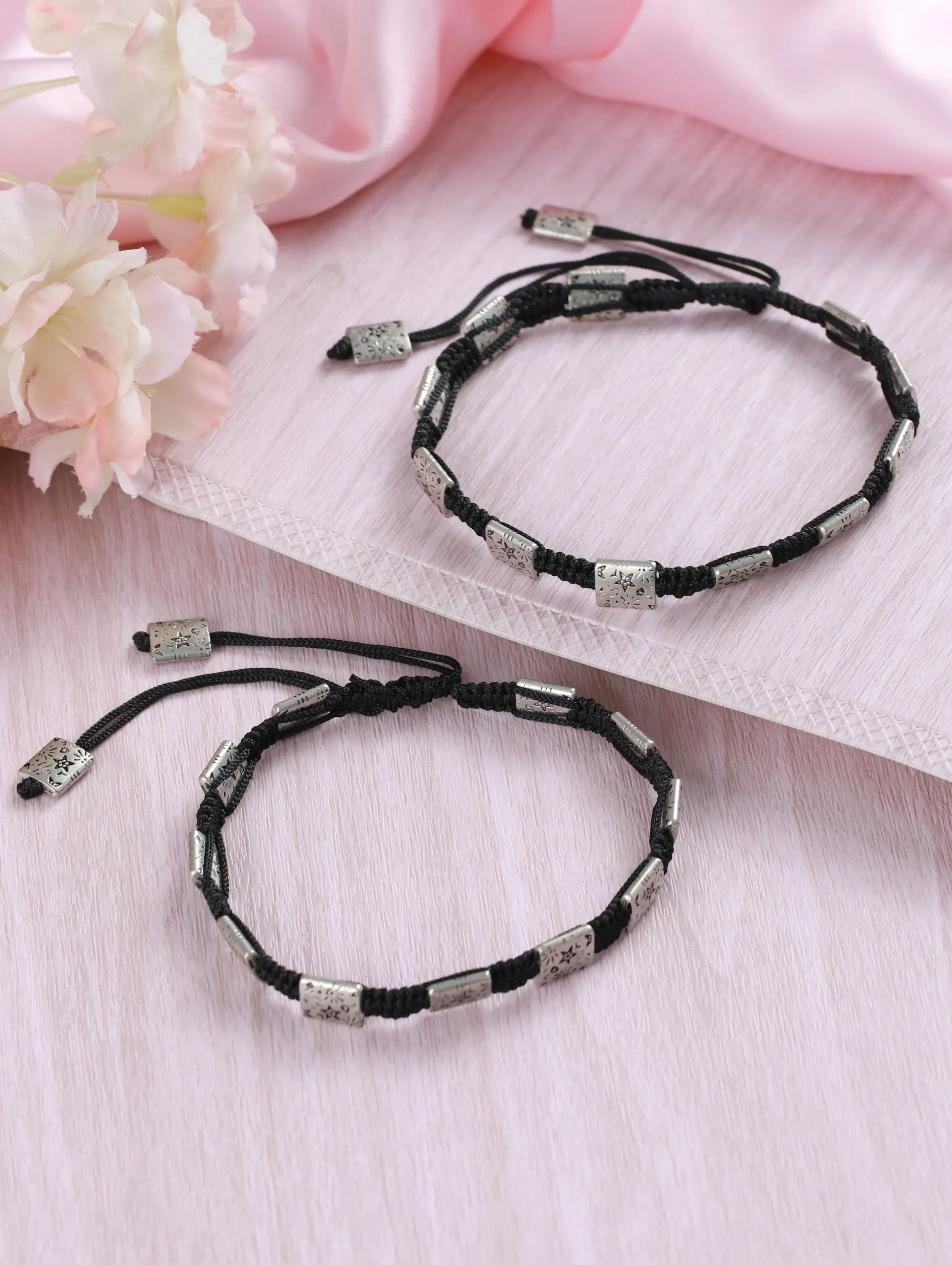 Set Of 2 Rectangular Black Thread Boho Style Anklets/Bracelet