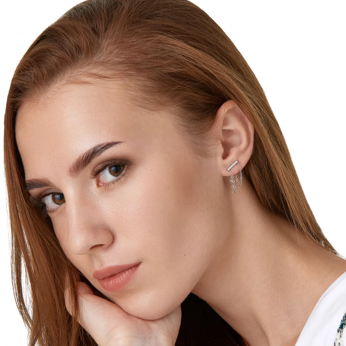 Silver Bar Double Chain Stud Earrings