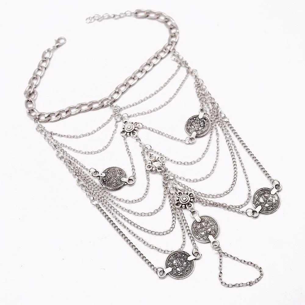 Silver Tassel Coin Pendant Chain Anklet