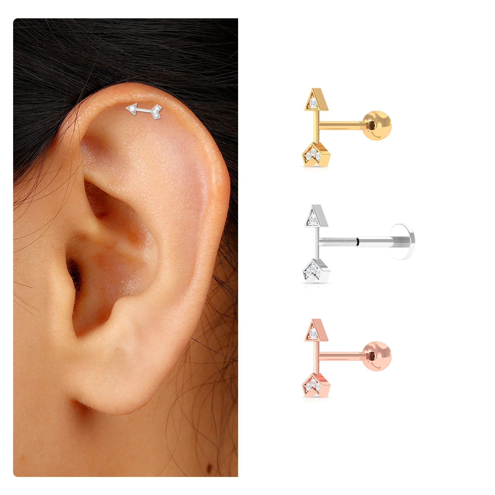 Simple Diamond Gold Arrow Earring for Helix Piercing