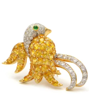 Solid 18K Yellow Gold Bird Brooch with Genuine Diamonds, Citrine & Emerald 10.1g -  Estate Jewelry