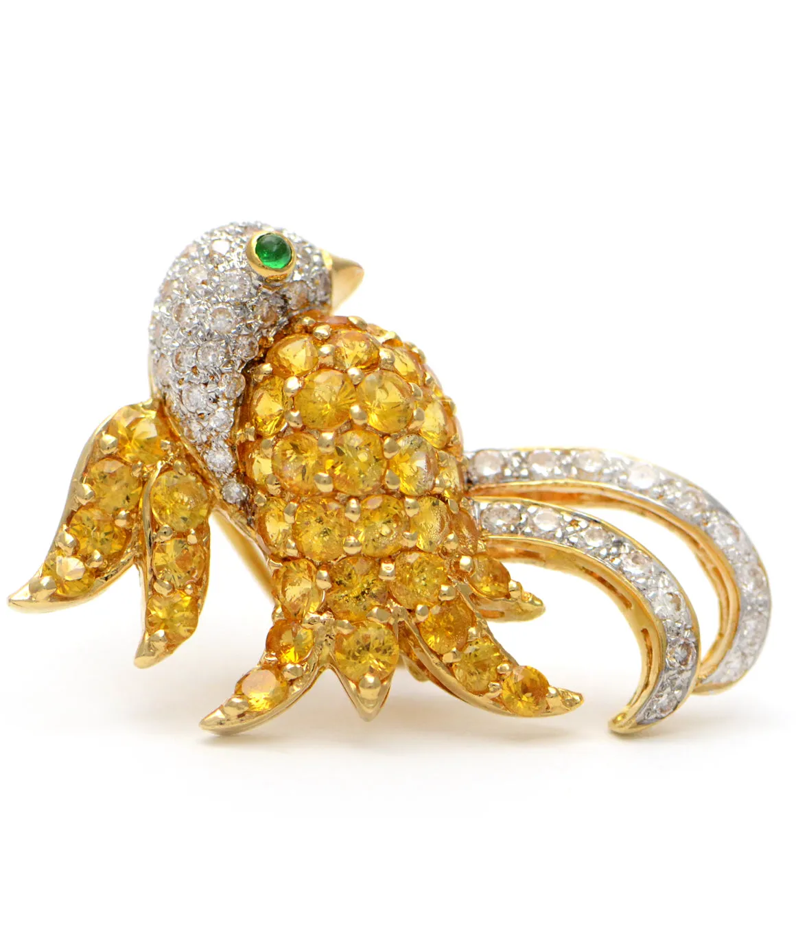 Solid 18K Yellow Gold Bird Brooch with Genuine Diamonds, Citrine & Emerald 10.1g -  Estate Jewelry