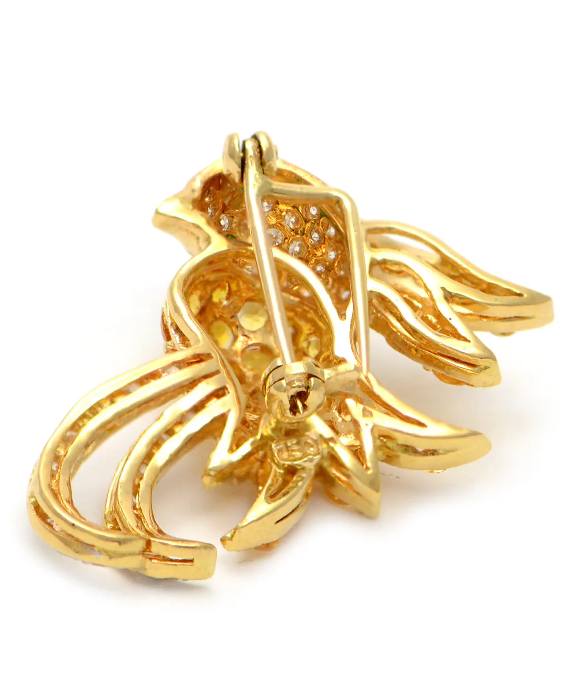 Solid 18K Yellow Gold Bird Brooch with Genuine Diamonds, Citrine & Emerald 10.1g -  Estate Jewelry