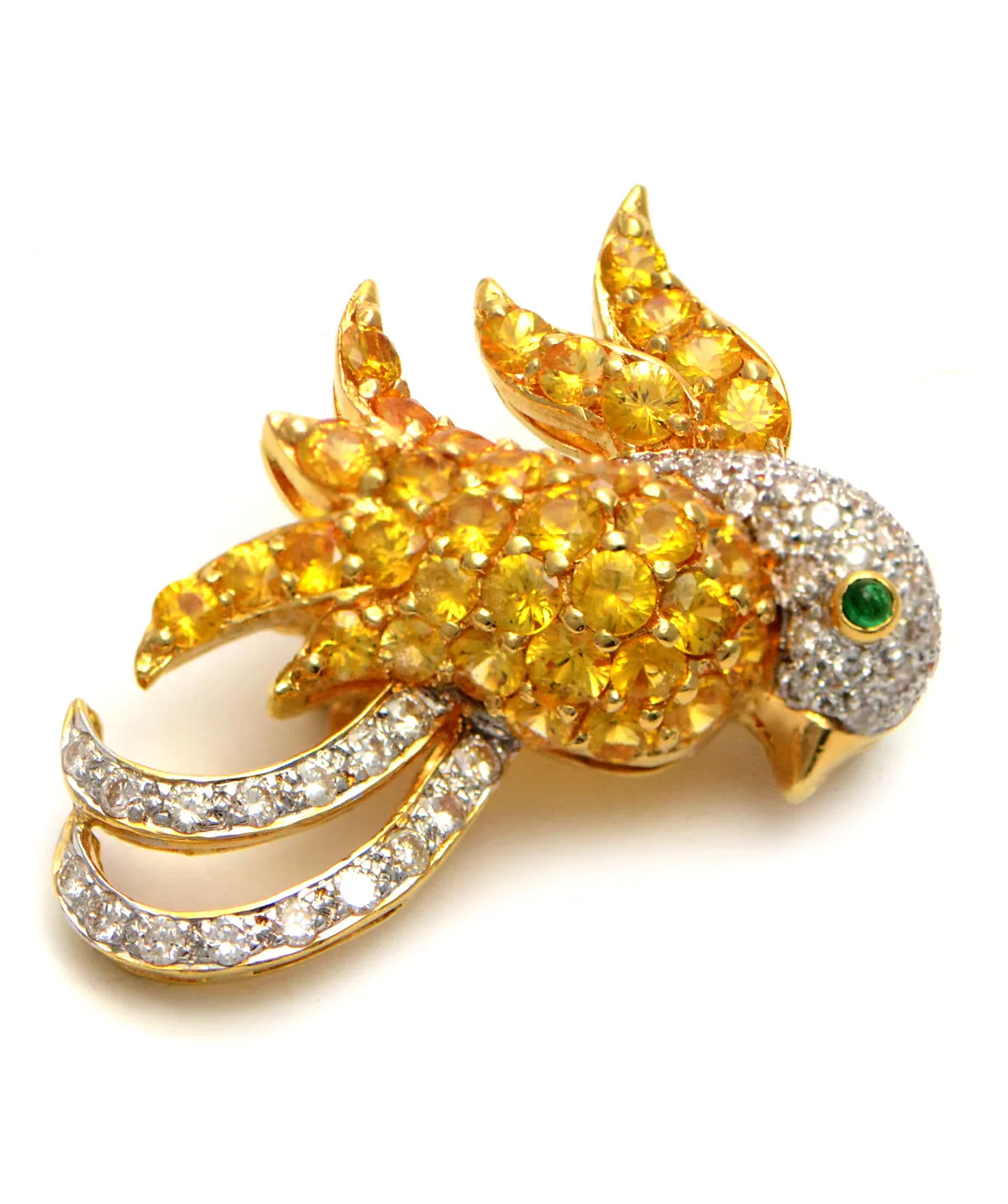 Solid 18K Yellow Gold Bird Brooch with Genuine Diamonds, Citrine & Emerald 10.1g -  Estate Jewelry