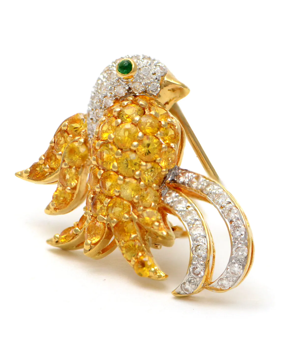 Solid 18K Yellow Gold Bird Brooch with Genuine Diamonds, Citrine & Emerald 10.1g -  Estate Jewelry