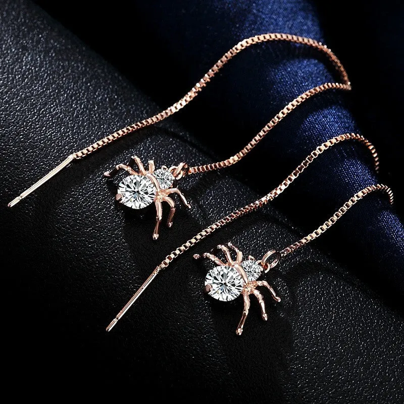 Spider Gold Plated Round Cut Clear Cubic Zirconia Long Dangle Earrings Jewelry for Women