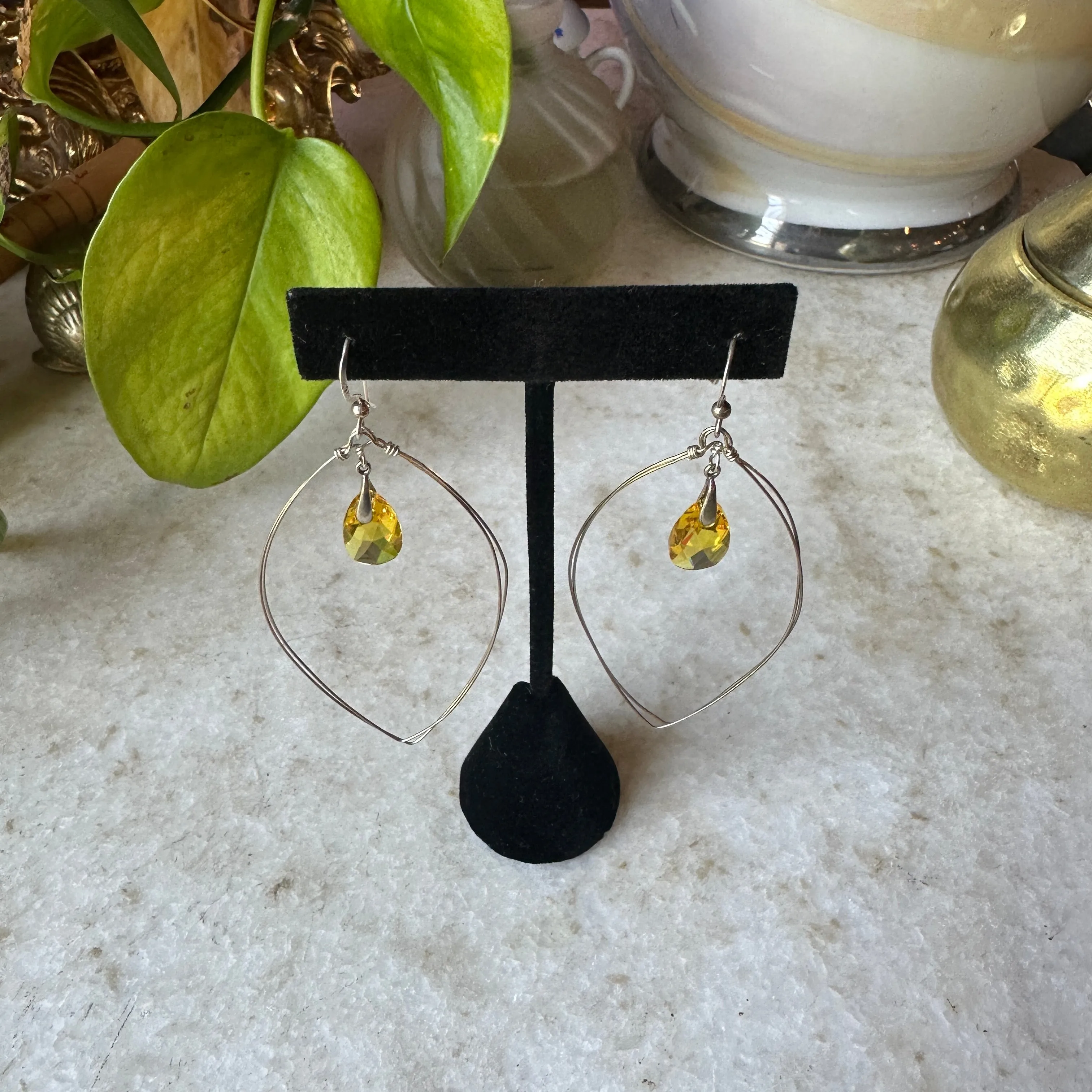 Sterling Silver & Yellow Cut Glass Earrings