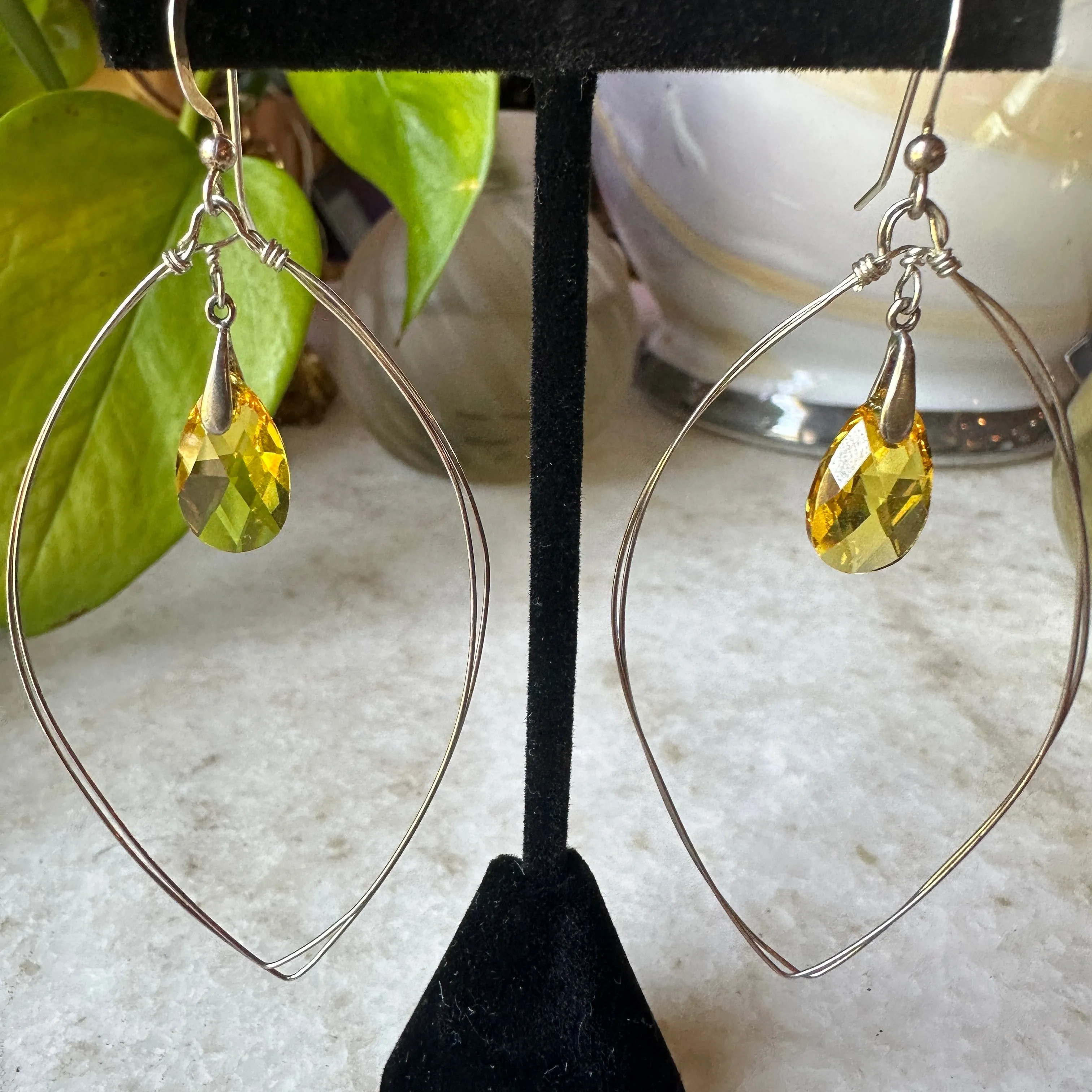 Sterling Silver & Yellow Cut Glass Earrings