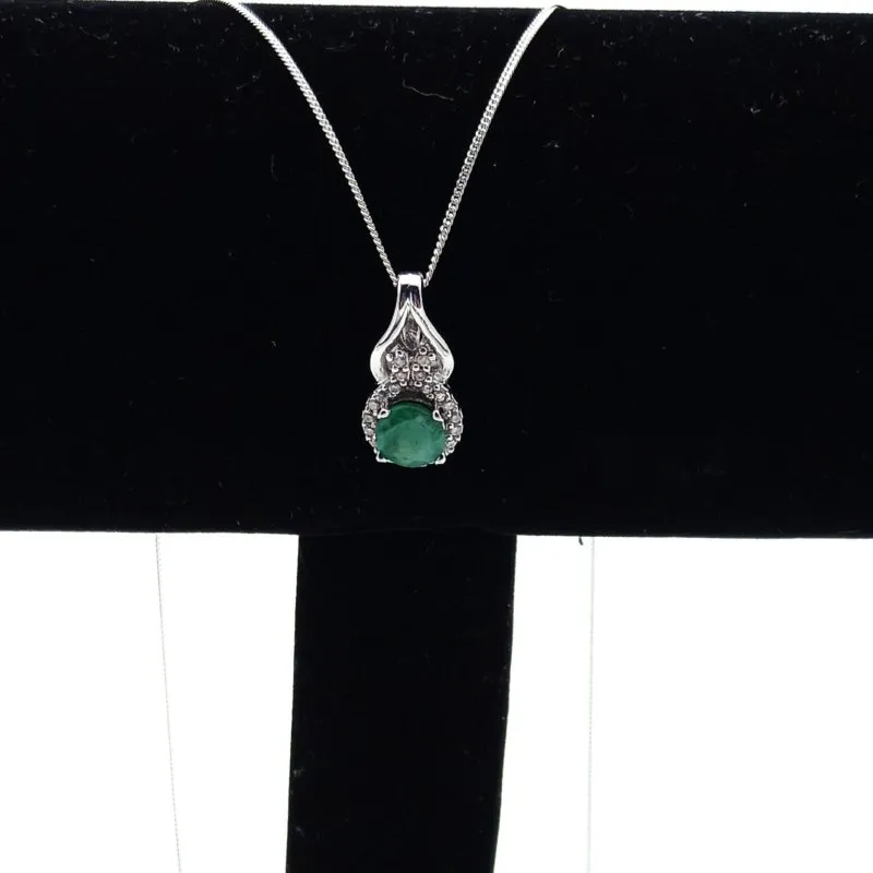 Sterling Silver Emerald & CZ Halo Pendant