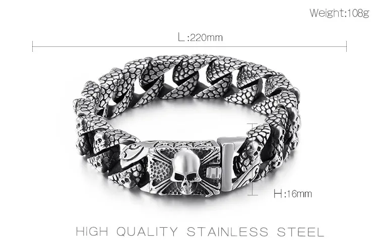 Textured Stainless Steel Skull Cross Bracelet