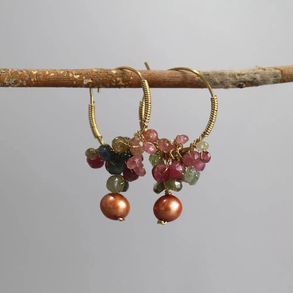 Tourmaline Bronze Pearl Hoop Earrings