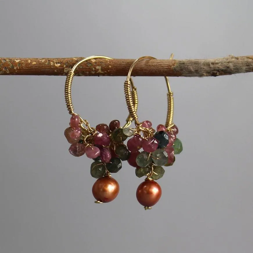 Tourmaline Bronze Pearl Hoop Earrings