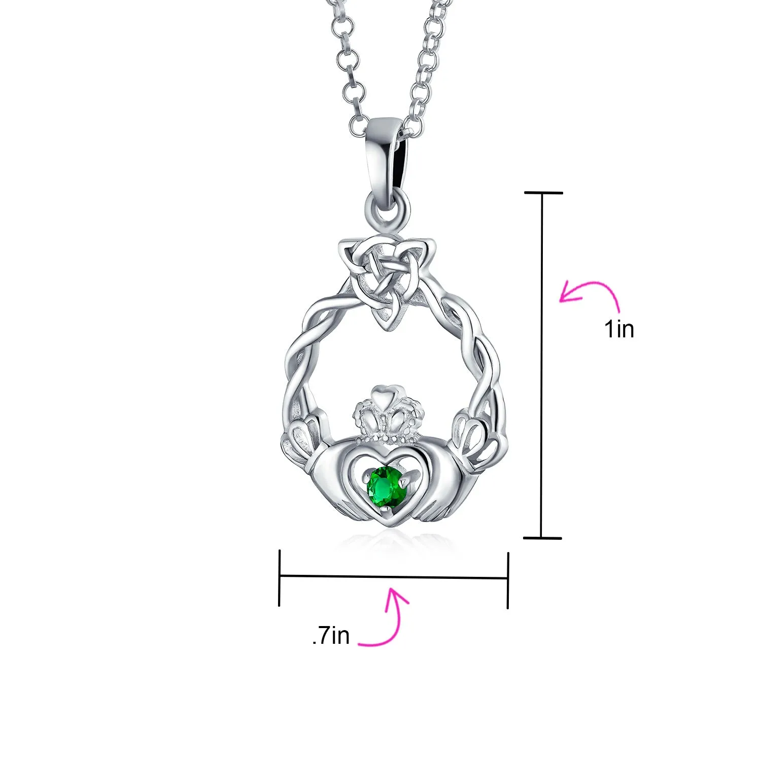 Traditional Irish Kelly Green CZ Celtic Love Knot Claddagh Pendant Necklace Silver