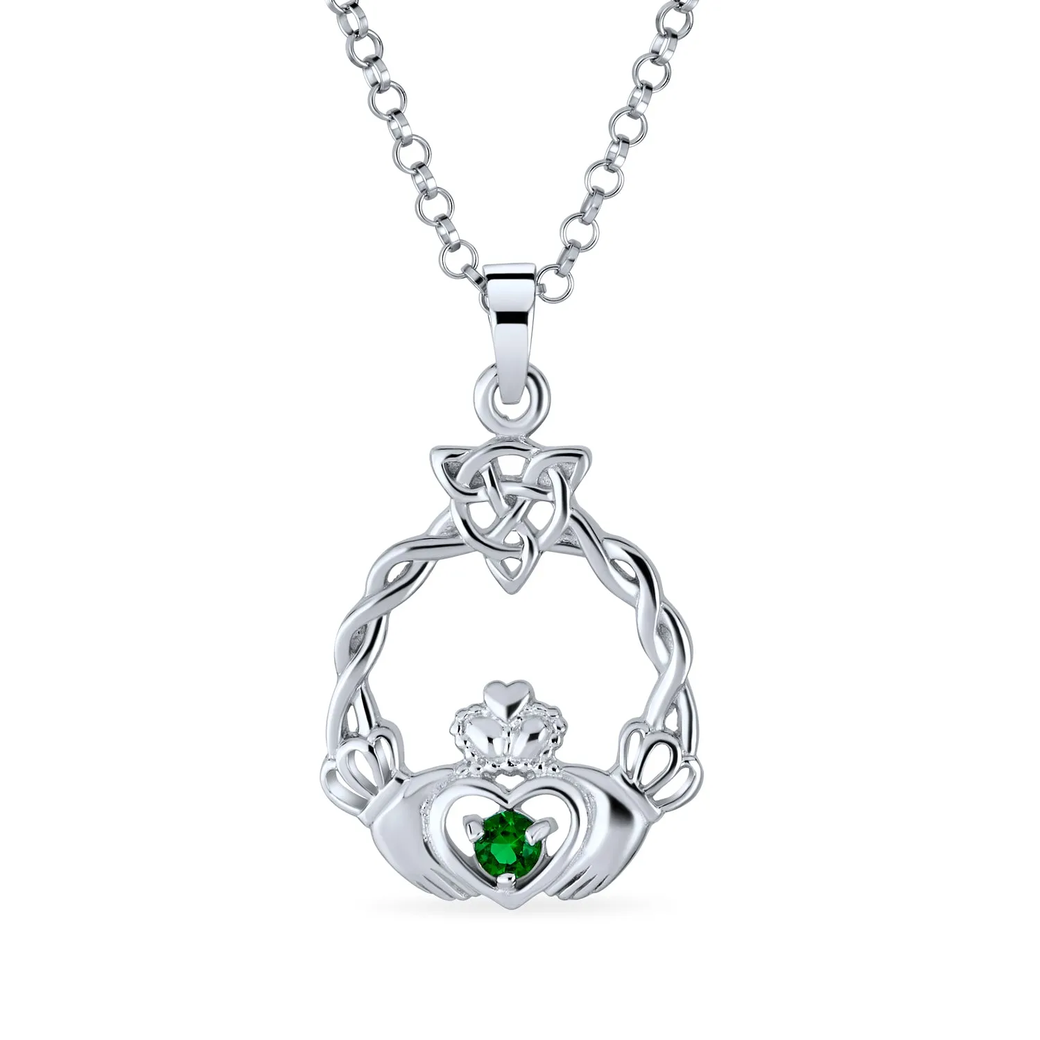 Traditional Irish Kelly Green CZ Celtic Love Knot Claddagh Pendant Necklace Silver