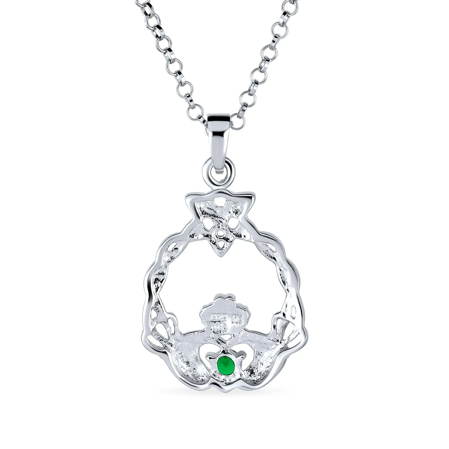 Traditional Irish Kelly Green CZ Celtic Love Knot Claddagh Pendant Necklace Silver