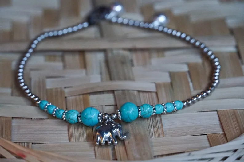 Turquoise Elephant Pendant Boho Silver Anklet