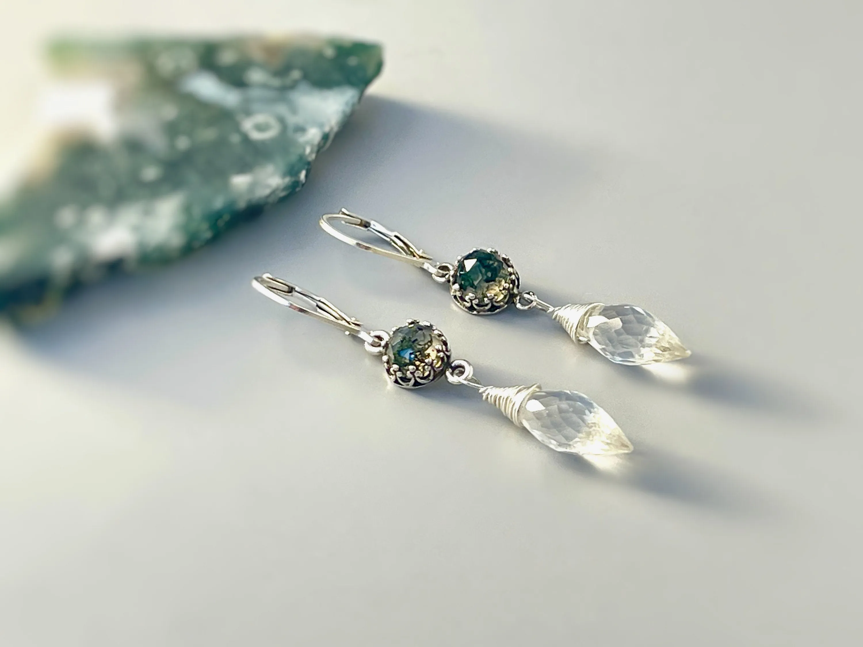 Unique Handmade Moss Agate and Crystal Quartz Earrings Dangle