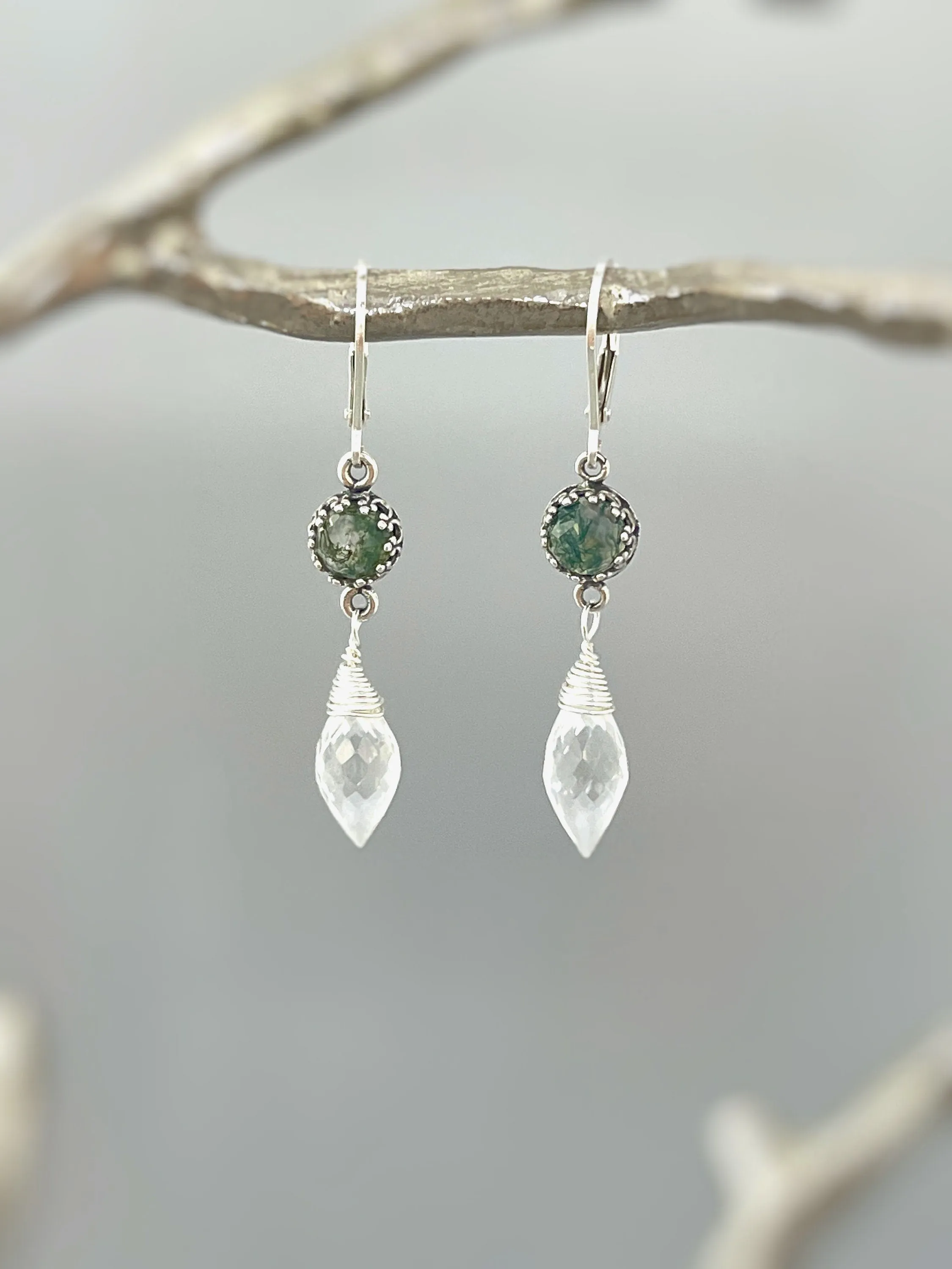 Unique Handmade Moss Agate and Crystal Quartz Earrings Dangle