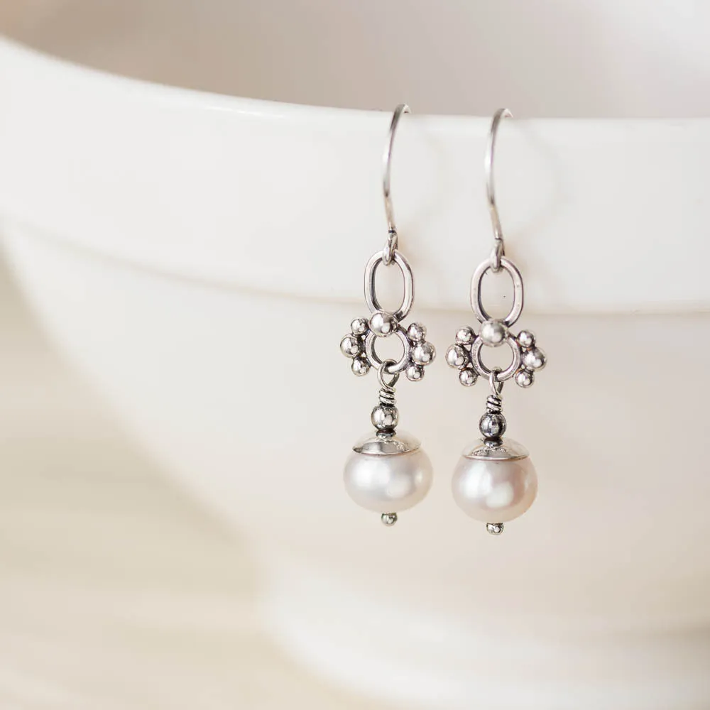 Unique Petite White Pearl Earrings, Sterling Silver