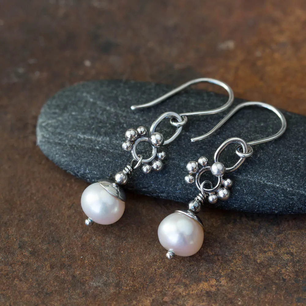 Unique Petite White Pearl Earrings, Sterling Silver