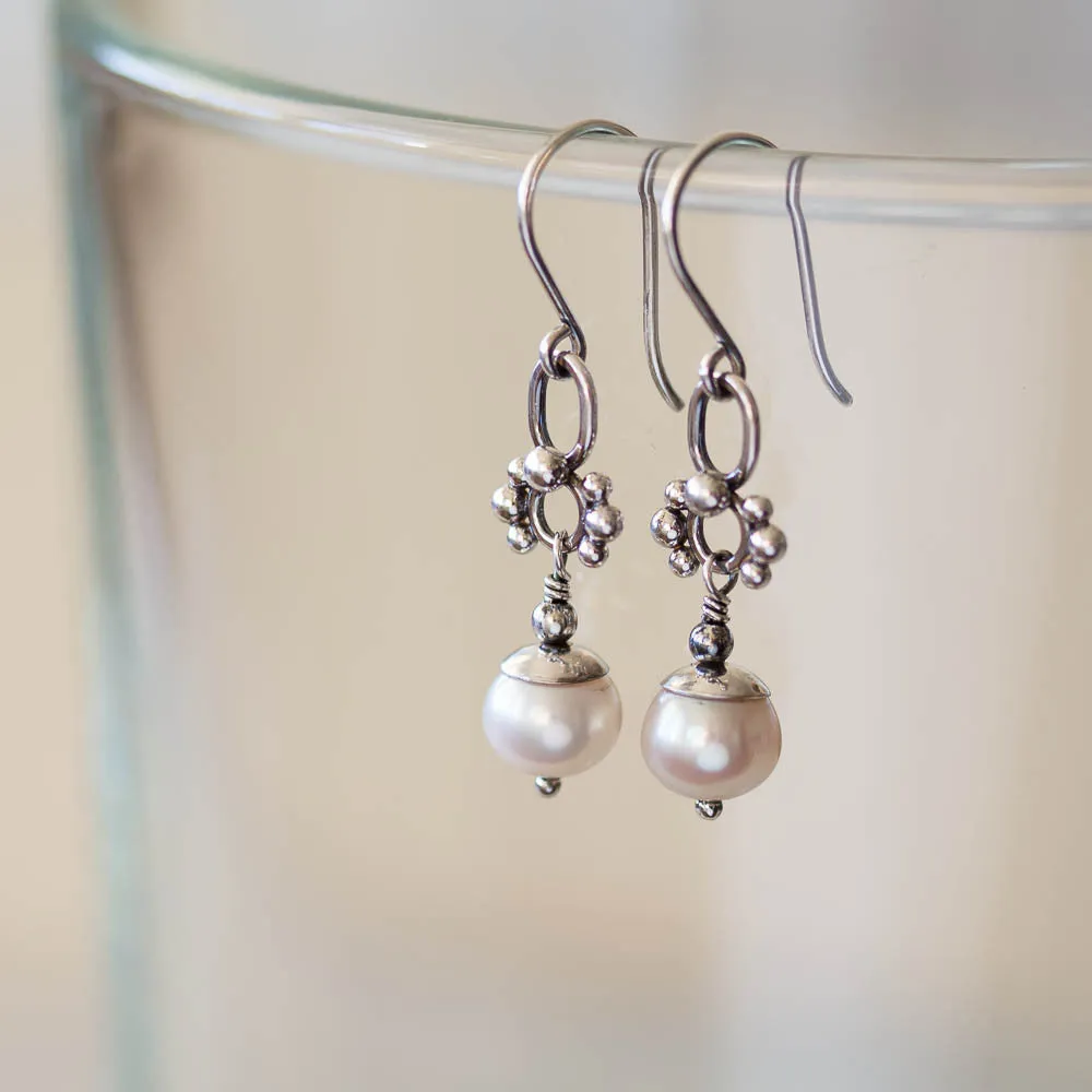 Unique Petite White Pearl Earrings, Sterling Silver