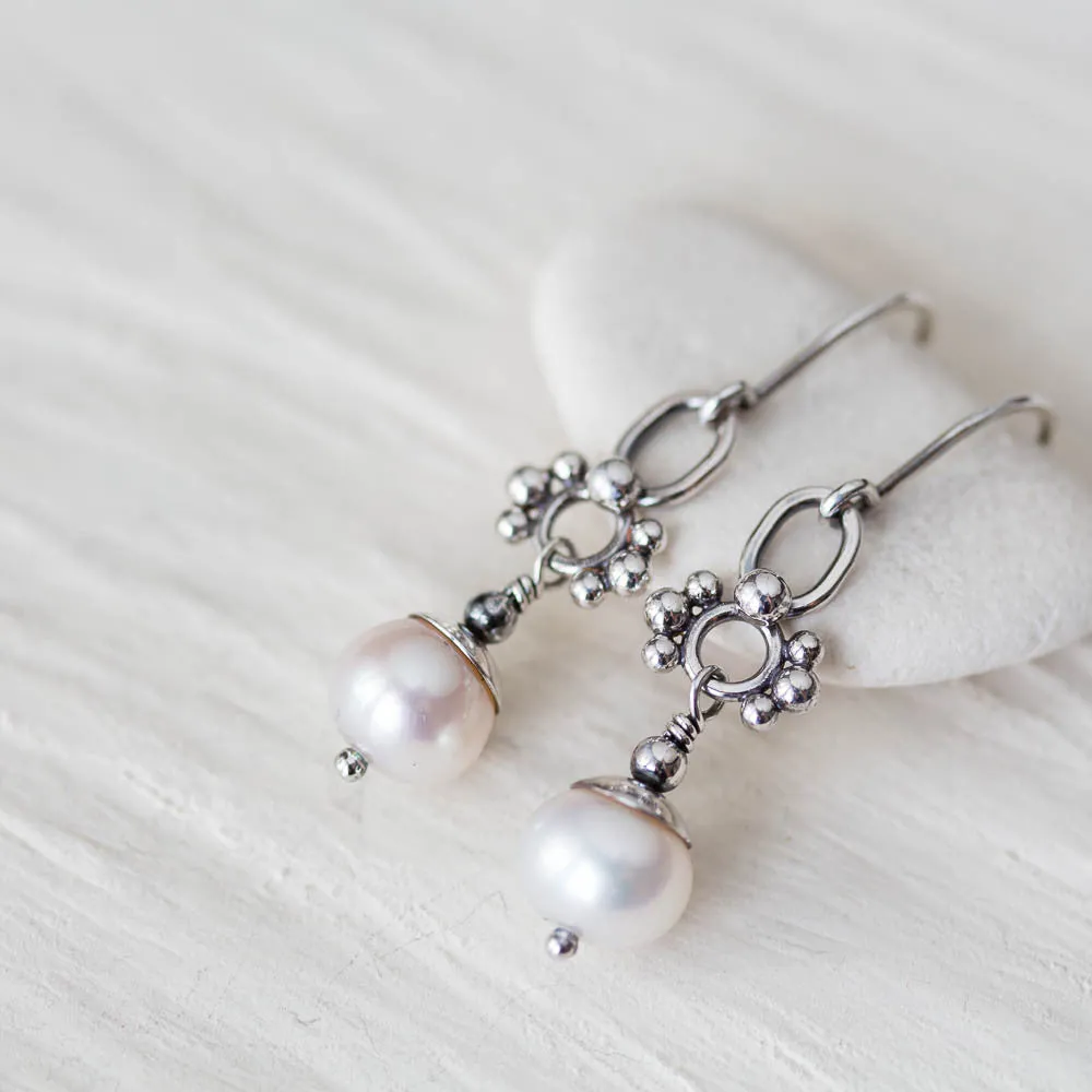 Unique Petite White Pearl Earrings, Sterling Silver