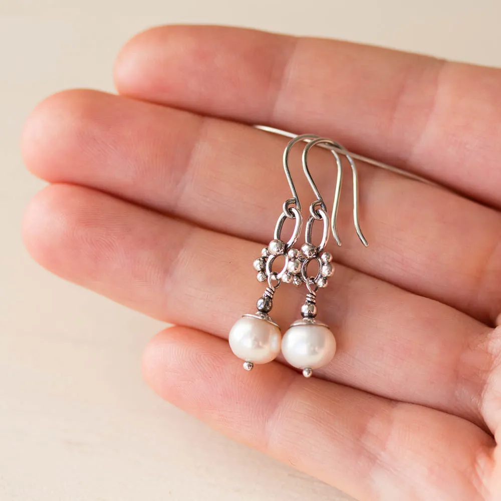 Unique Petite White Pearl Earrings, Sterling Silver