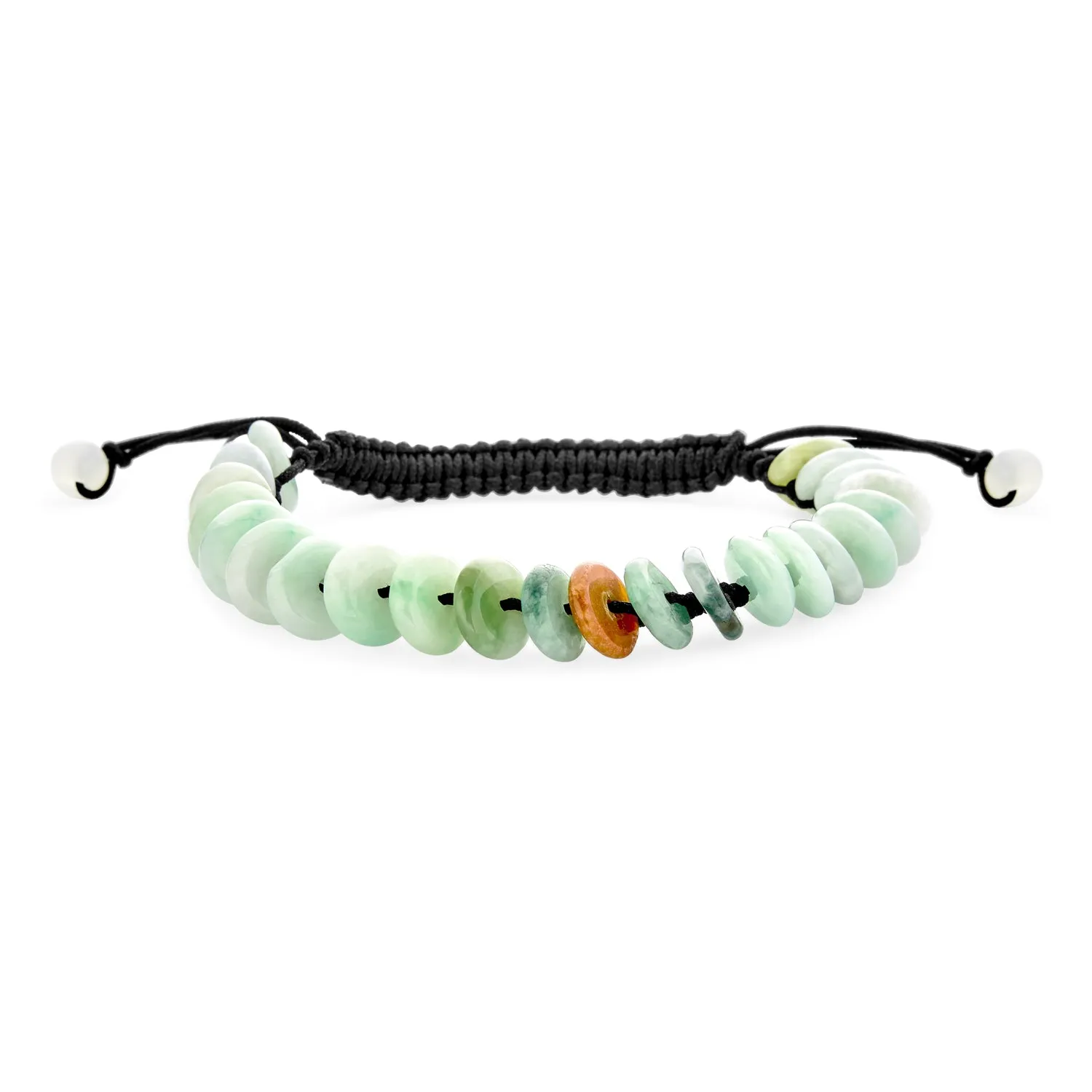 Unisex Boho Strand Bracelet with Light Green Jade Gemstone Donut Disc Adjustable Cord