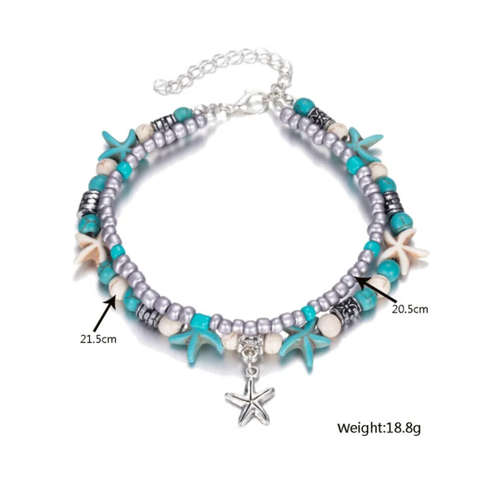 US 2-4 Pack Blue Starfish Turtle Anklet Women Girl Multilayer Charm Boho Beads