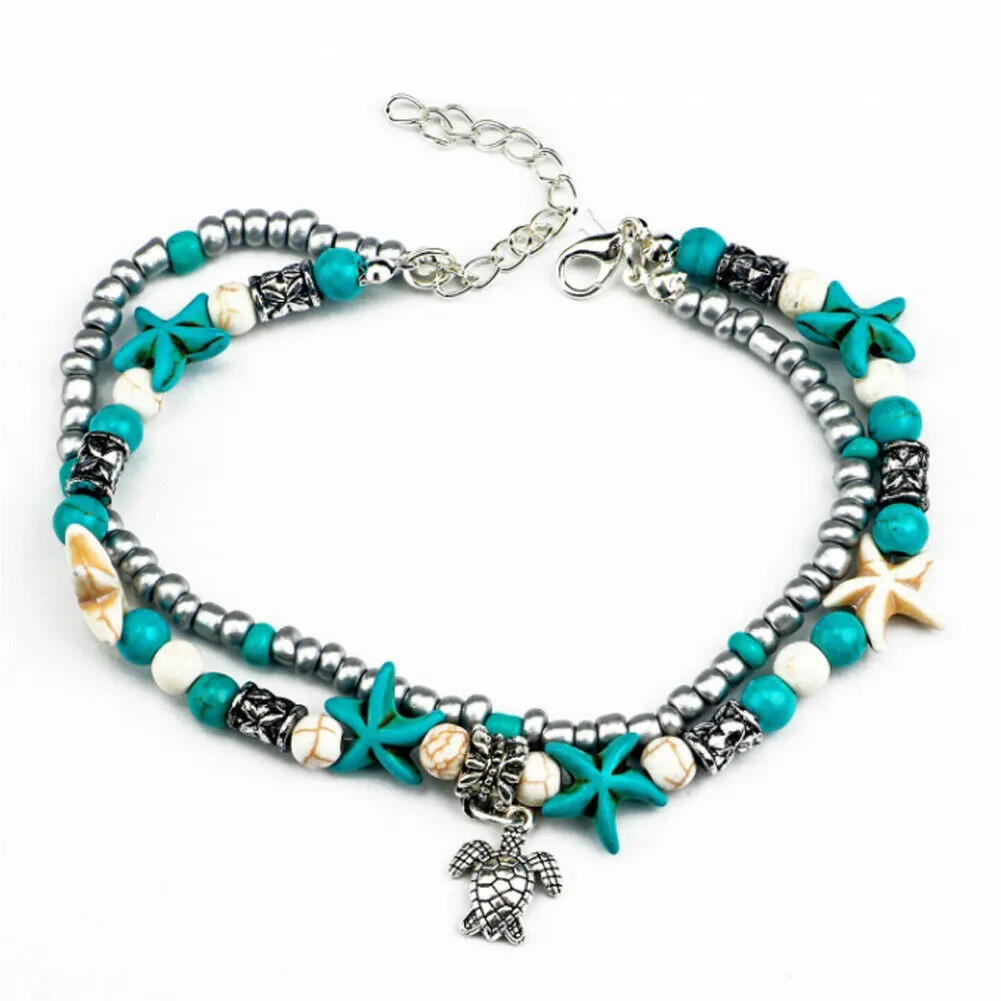 US 2-4 Pack Blue Starfish Turtle Anklet Women Girl Multilayer Charm Boho Beads