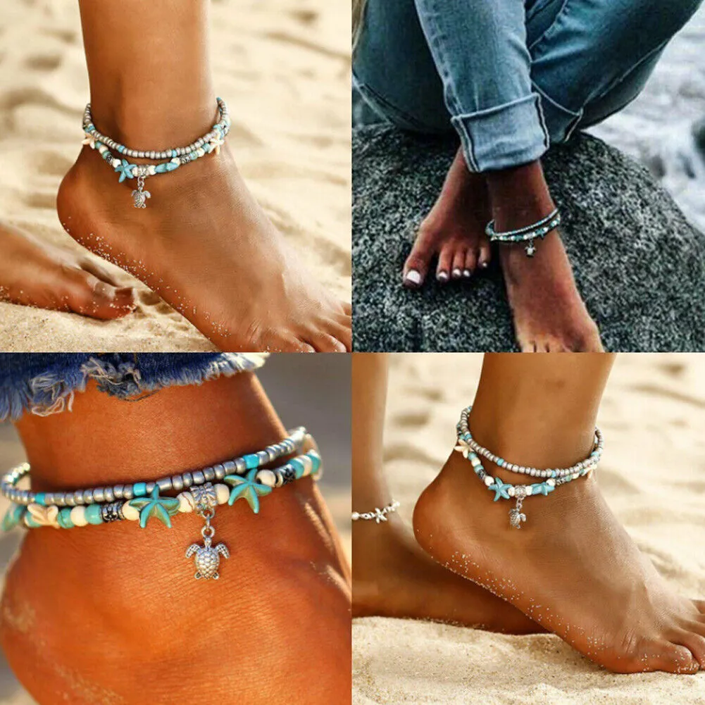 US 2-4 Pack Blue Starfish Turtle Anklet Women Girl Multilayer Charm Boho Beads