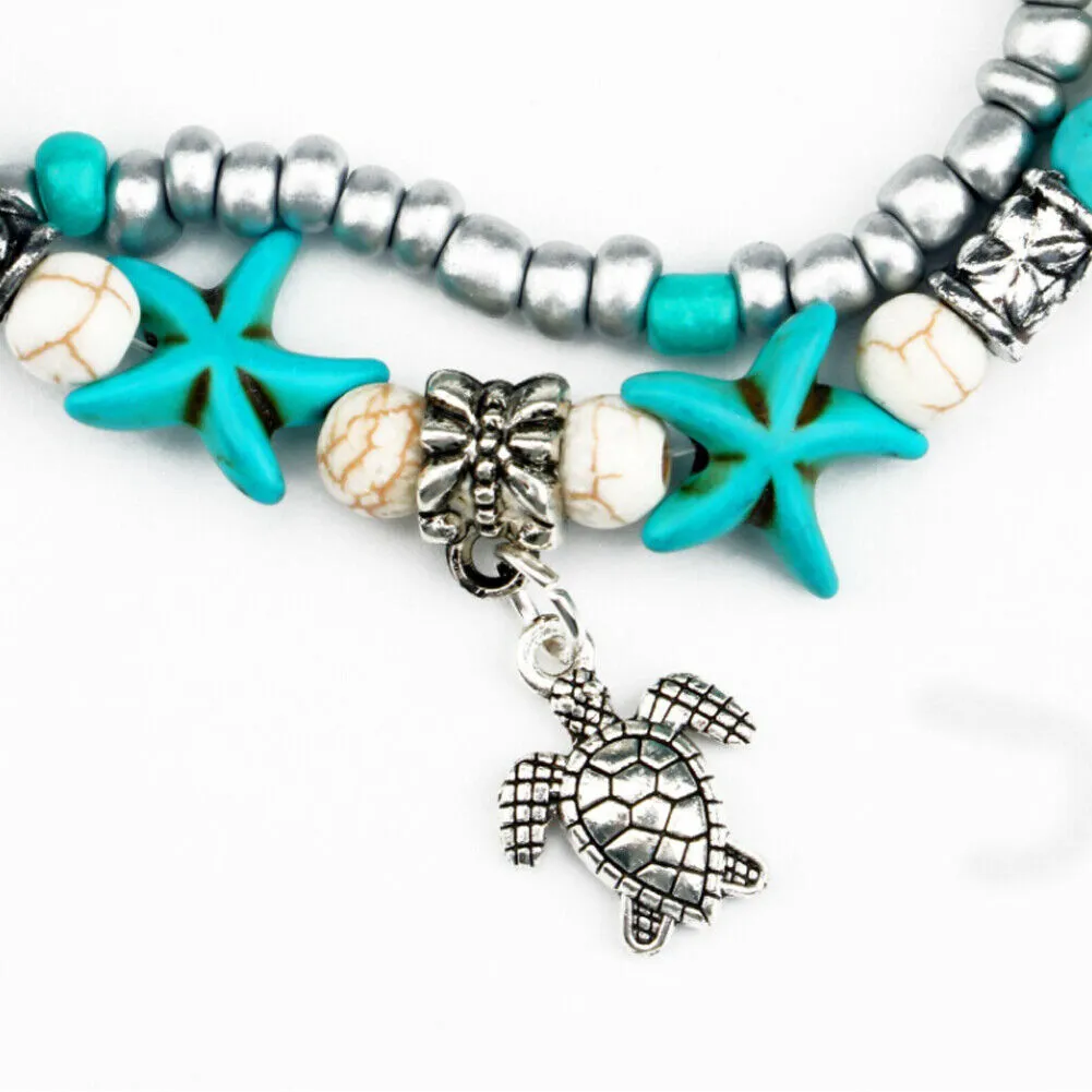 US 2-4 Pack Blue Starfish Turtle Anklet Women Girl Multilayer Charm Boho Beads