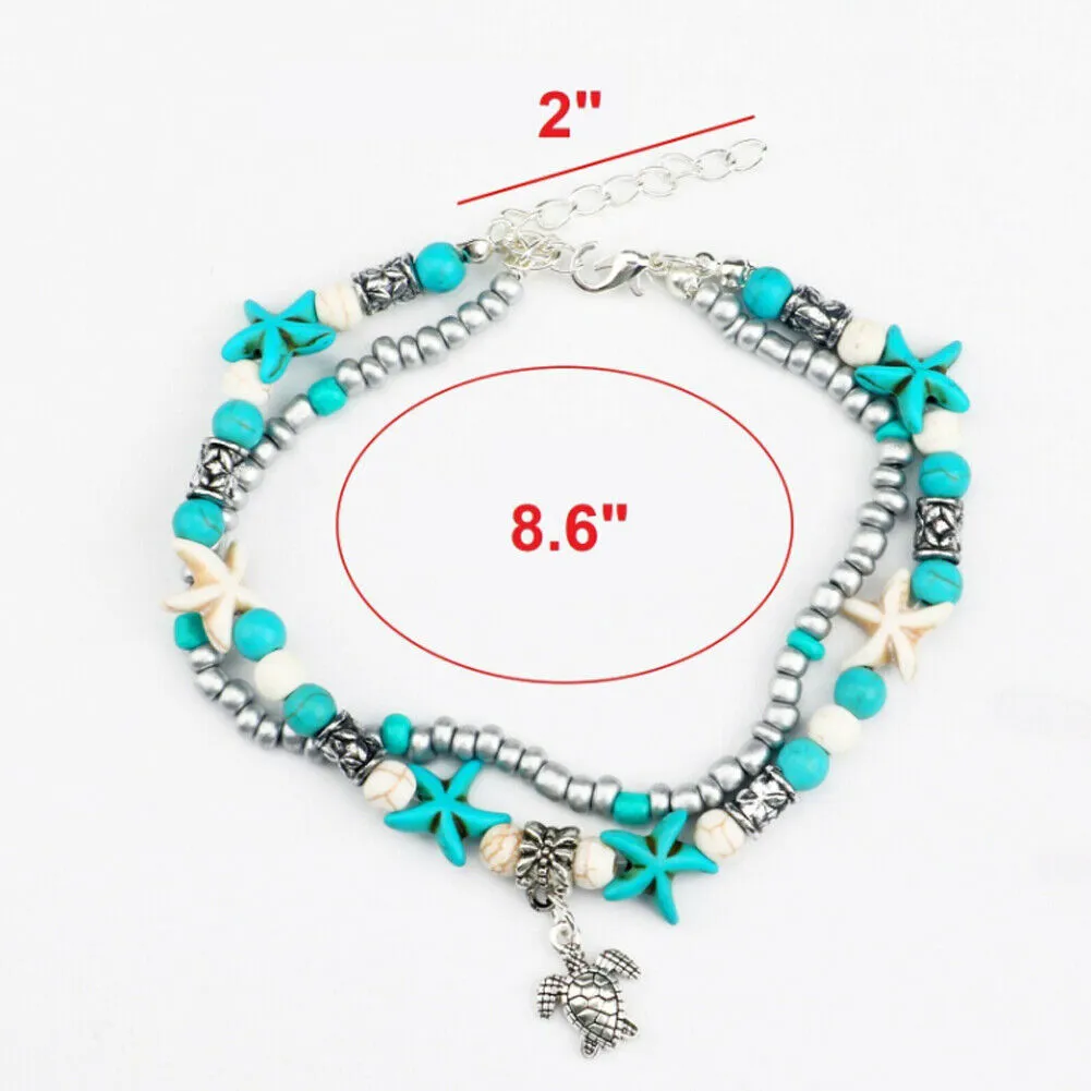 US 2-4 Pack Blue Starfish Turtle Anklet Women Girl Multilayer Charm Boho Beads