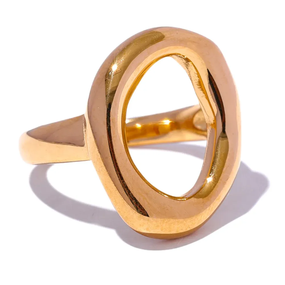 VAIGE Waterproof Geometric Hollow Minimalist Golden Stainless Steel Ring - Trendy Textured Jewelry