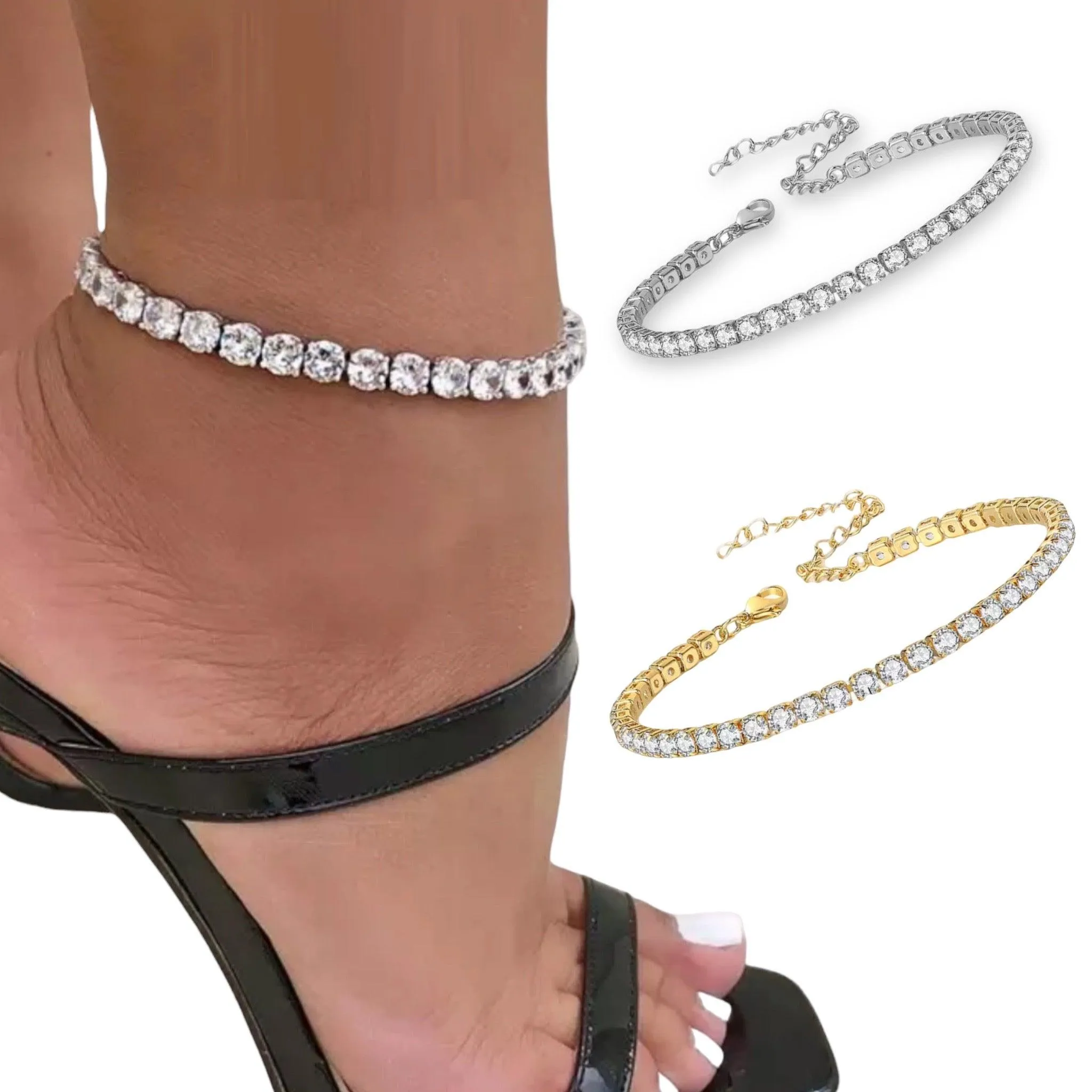 White Crystal Tennis Anklets